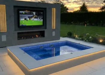 Falcon Pool custom outside spa pool with TV screen